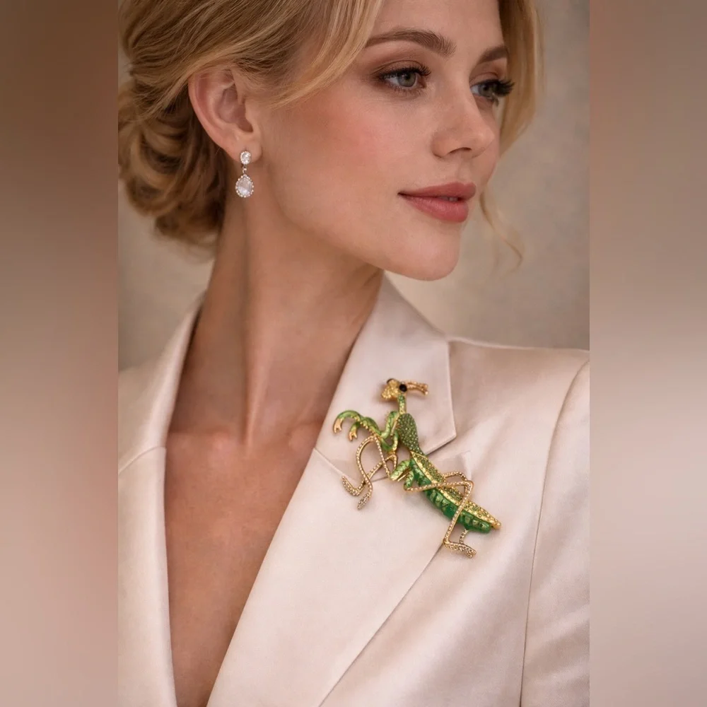 Art Nouveau Mantis Brooch – Emerald Green Enamel, Crystal Embellished Gold Pin